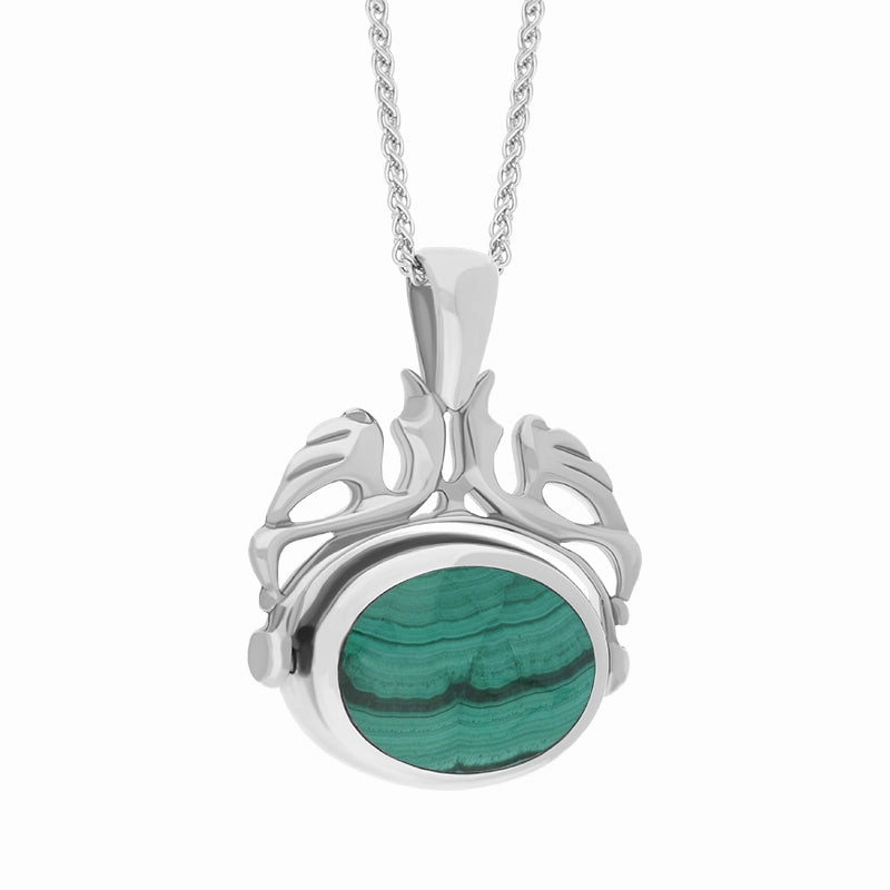 18ct White Gold Whitby Jet Malachite Double Sided Oval Swivel Fob Necklace