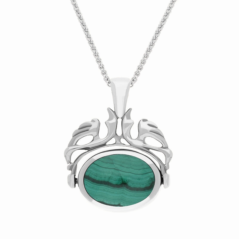 18ct White Gold Whitby Jet Malachite Double Sided Oval Swivel Fob Necklace