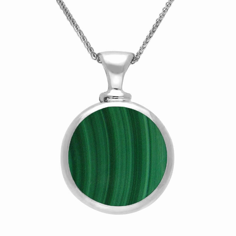 18ct White Gold Whitby Jet Malachite Double Sided Round Dinky Fob Necklace