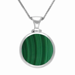 18ct White Gold Whitby Jet Malachite Double Sided Round Dinky Fob Necklace