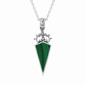 18ct White Gold Whitby Jet Malachite Double Sided Scroll Dagger Fob Necklace