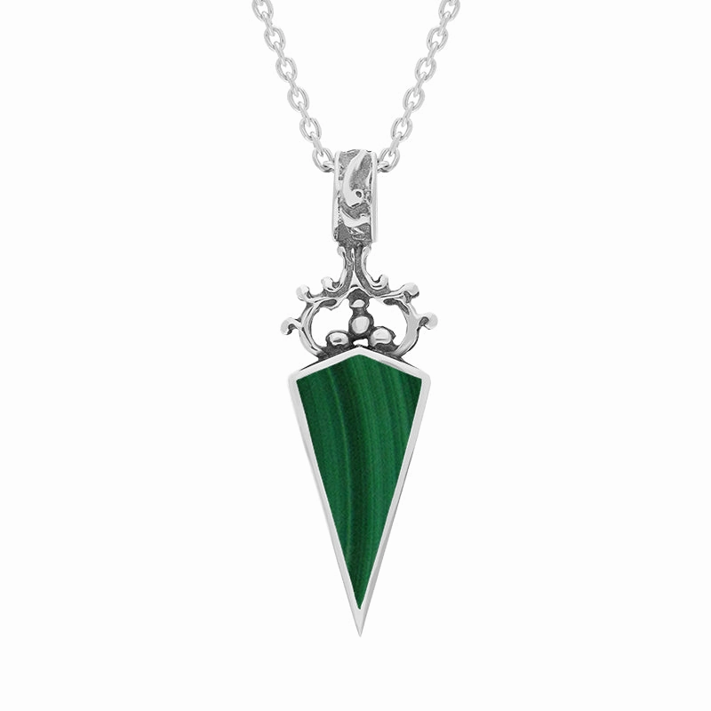 18ct White Gold Whitby Jet Malachite Double Sided Scroll Dagger Fob Necklace