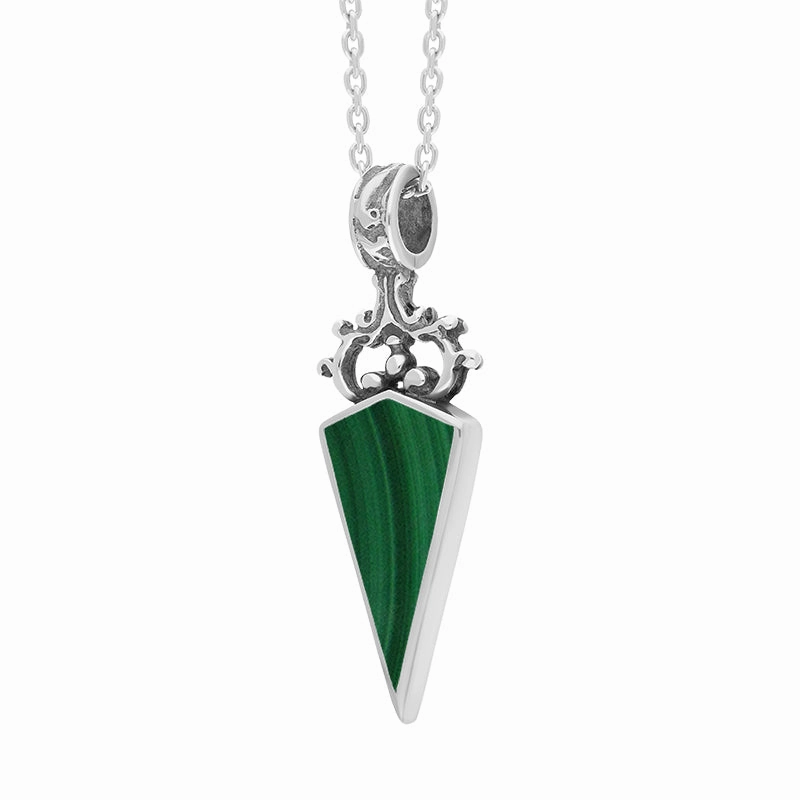 18ct White Gold Whitby Jet Malachite Double Sided Scroll Dagger Fob Necklace