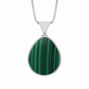 18ct White Gold Whitby Jet Malachite King's Coronation Hallmark Double Sided Pear-shaped Necklace D