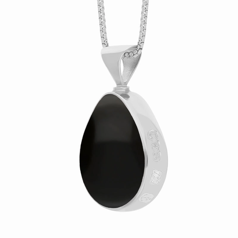 18ct White Gold Whitby Jet Malachite King's Coronation Hallmark Double Sided Pear-shaped Necklace D