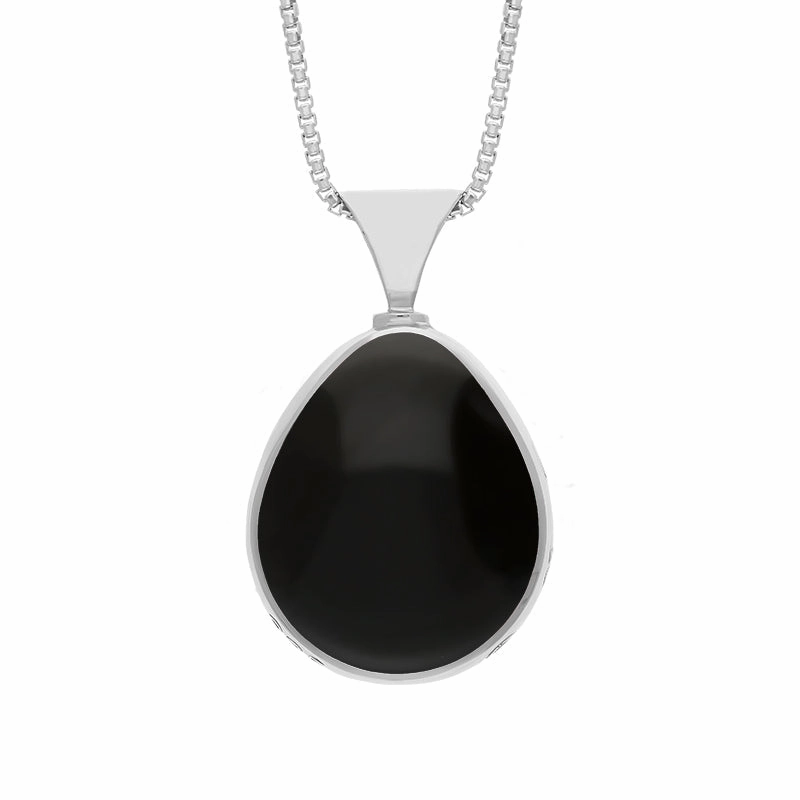 18ct White Gold Whitby Jet Malachite King's Coronation Hallmark Double Sided Pear-shaped Necklace D