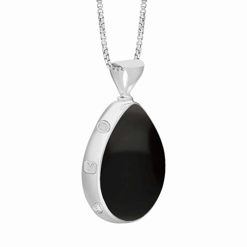 18ct White Gold Whitby Jet Malachite King's Coronation Hallmark Double Sided Pear-shaped Necklace D
