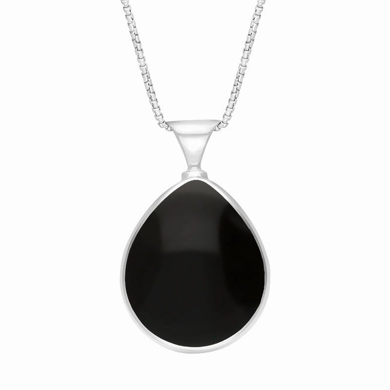 18ct White Gold Whitby Jet Malachite King's Coronation Hallmark Double Sided Pear-shaped Necklace D