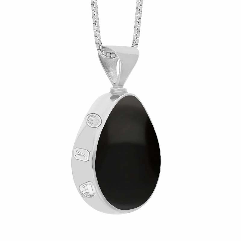 18ct White Gold Whitby Jet Malachite King's Coronation Hallmark Double Sided Pear-shaped Necklace D