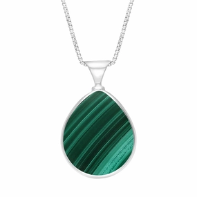 18ct White Gold Whitby Jet Malachite King's Coronation Hallmark Double Sided Pear-shaped Necklace D
