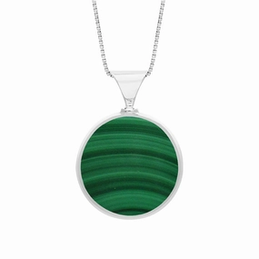 18ct White Gold Whitby Jet Malachite King's Coronation Hallmark Double Sided Round Necklace D