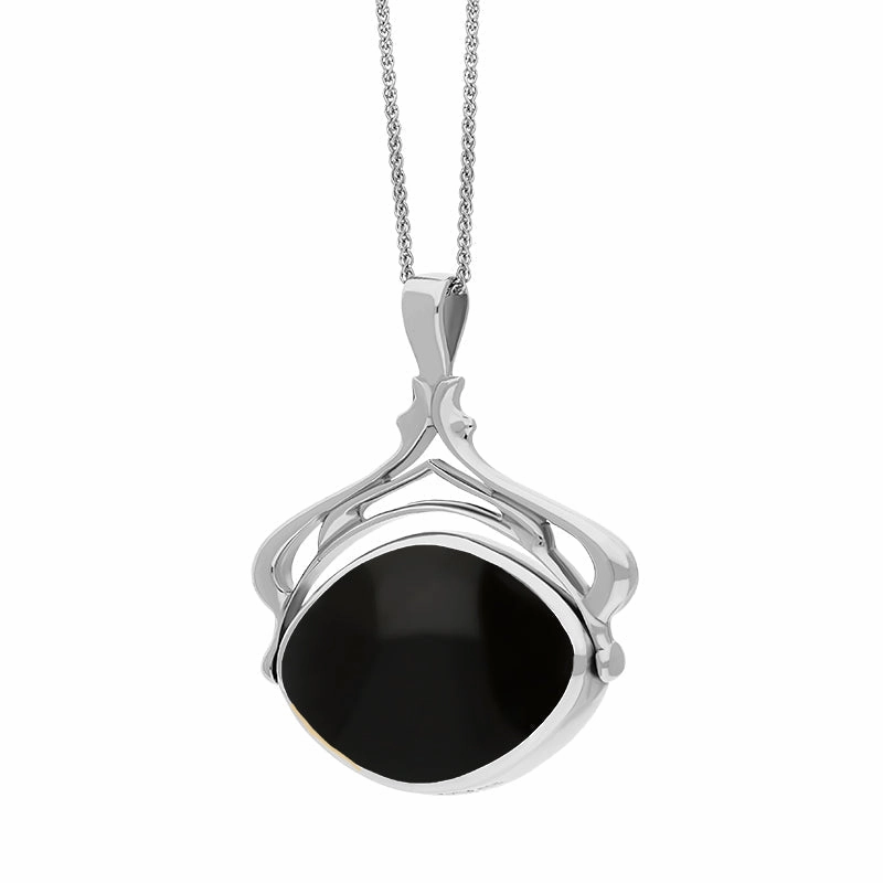 18ct White Gold Whitby Jet Malachite Marquise Swivel Fob Necklace