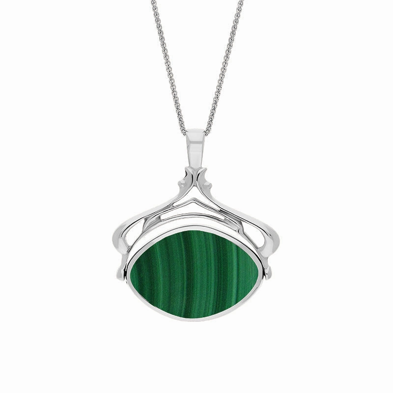 18ct White Gold Whitby Jet Malachite Marquise Swivel Fob Necklace
