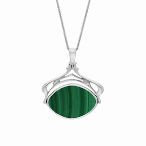 18ct White Gold Whitby Jet Malachite Marquise Swivel Fob Necklace