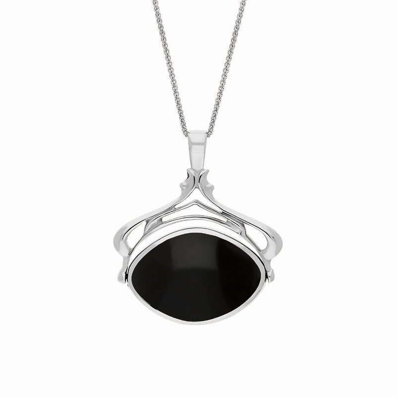 18ct White Gold Whitby Jet Malachite Marquise Swivel Fob Necklace