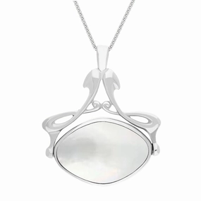 18ct White Gold Whitby Jet Mother Of Pearl Bell Diamond Swivel Fob Necklace