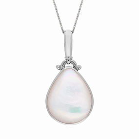 18ct White Gold Whitby Jet Mother of Pearl Double Sided Pear Fob Necklace