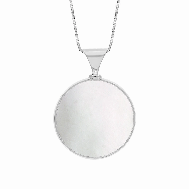 18ct White Gold Whitby Jet Mother of Pearl King's Coronation Hallmark Double Sided Round Necklace D
