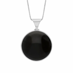 18ct White Gold Whitby Jet Mother of Pearl King's Coronation Hallmark Double Sided Round Necklace D