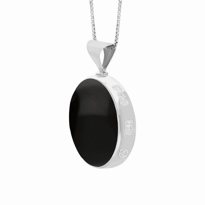 18ct White Gold Whitby Jet Mother of Pearl King's Coronation Hallmark Double Sided Round Necklace D