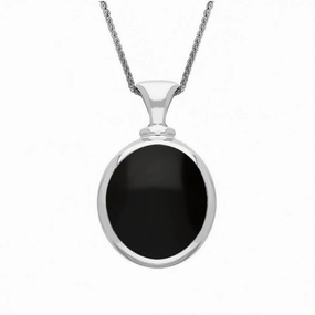 18ct White Gold Whitby Jet Mother Of Pearl Small Double Sided Oval Fob Necklace