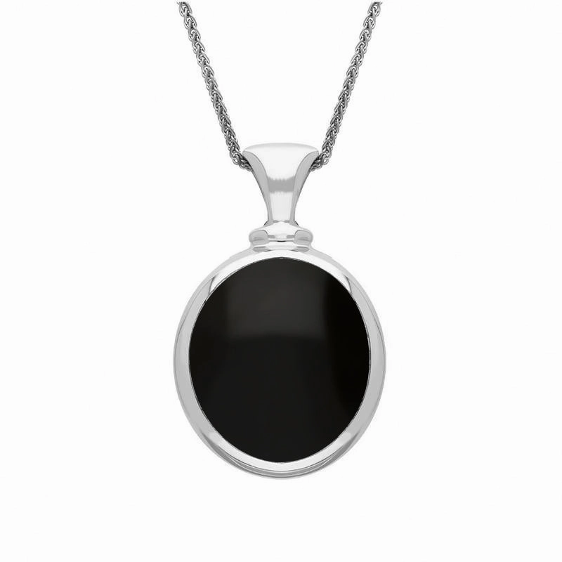 18ct White Gold Whitby Jet Mother Of Pearl Small Double Sided Oval Fob Necklace