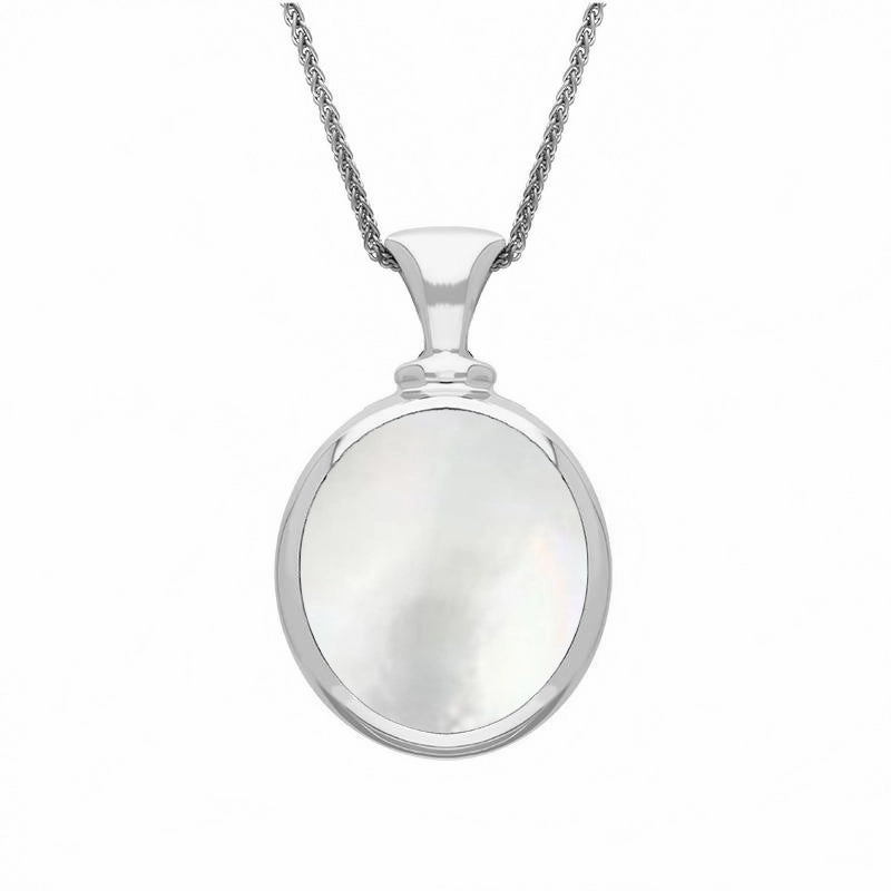 18ct White Gold Whitby Jet Mother Of Pearl Small Double Sided Oval Fob Necklace