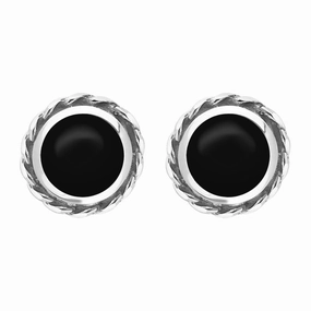 18ct White Gold Whitby Jet Round Twist Edge Stud Earrings