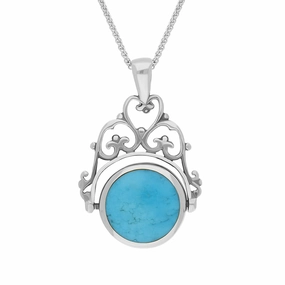 18ct White Gold Whitby Jet Turquoise Double Sided Round Swivel Fob Necklace