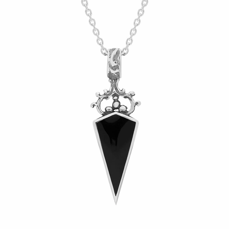 18ct White Gold Whitby Jet Turquoise Double Sided Scroll Dagger Fob Necklace