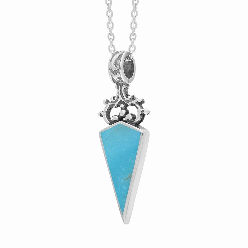 18ct White Gold Whitby Jet Turquoise Double Sided Scroll Dagger Fob Necklace