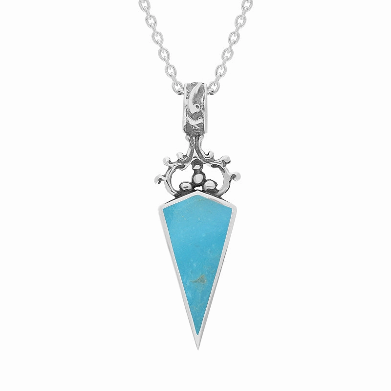 18ct White Gold Whitby Jet Turquoise Double Sided Scroll Dagger Fob Necklace