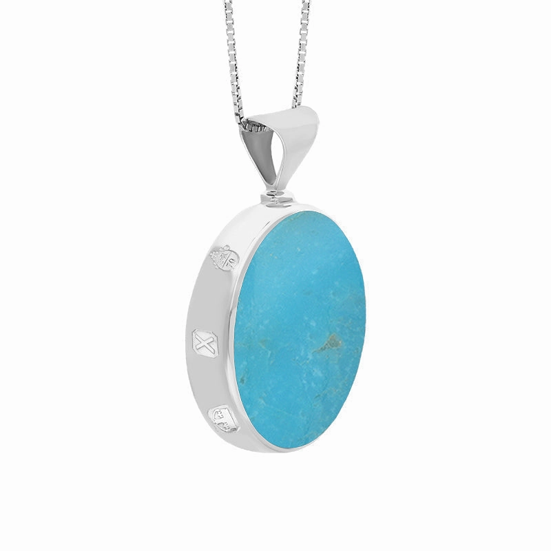 18ct White Gold Whitby Jet Turquoise Queens Jubilee Hallmark Double Sided Round Necklace D