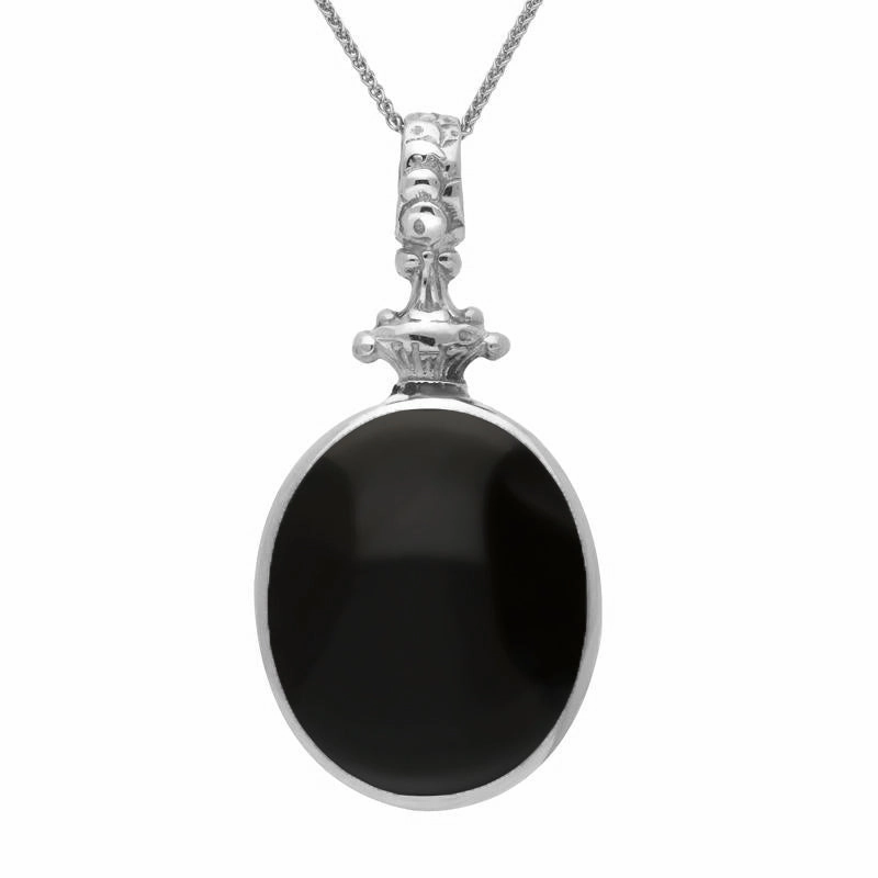 18ct White Gold Whitby Jet White Mother Of Pearl Double Sided Oval Fob Necklace