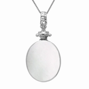 18ct White Gold Whitby Jet White Mother Of Pearl Double Sided Oval Fob Necklace