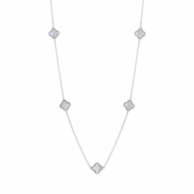 18ct White Gold White Mother of Pearl Bloom Four Leaf Clover Ball Edge Necklace