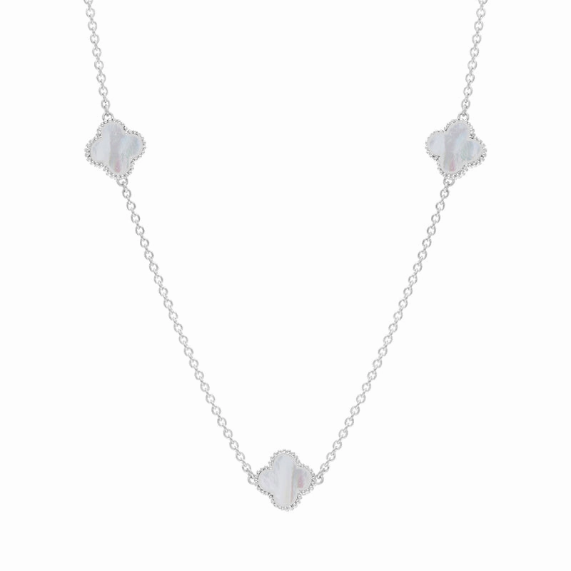 18ct White Gold White Mother of Pearl Bloom Four Leaf Clover Ball Edge Necklace