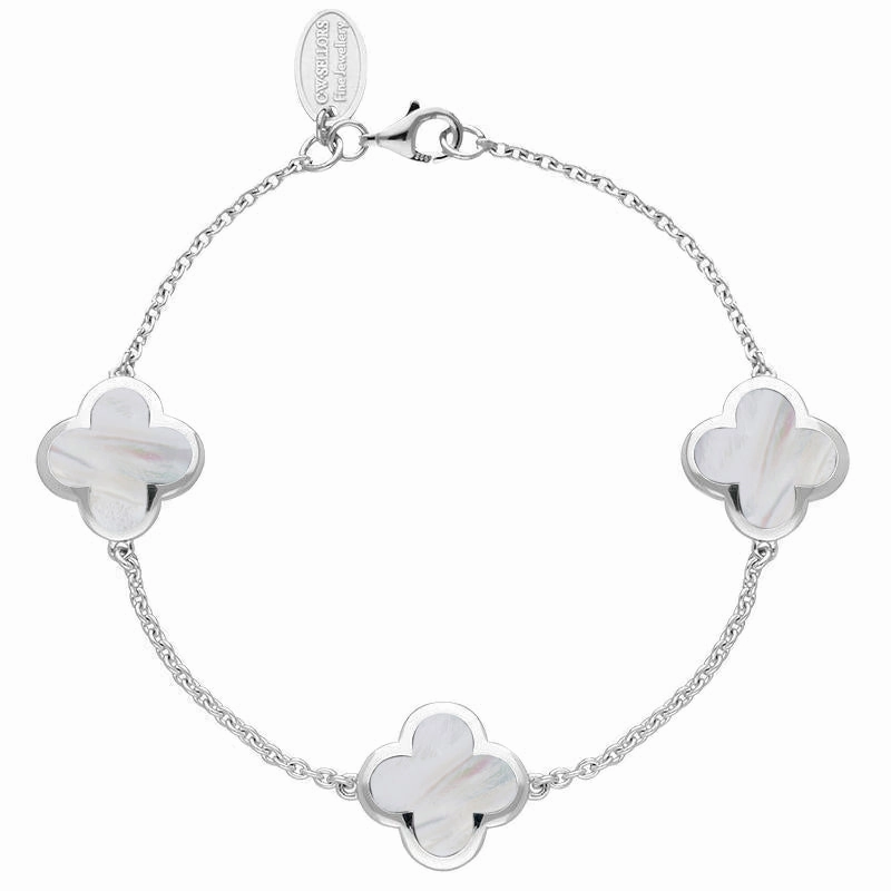 18ct White Gold White Mother of Pearl  Bloom Four Leaf Clover Chain Bracelet