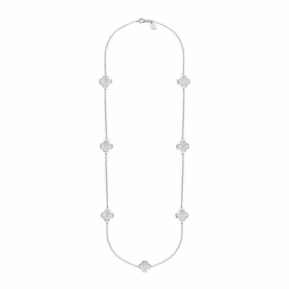 18ct White Gold White Mother of Pearl Bloom Four Leaf Clover Long Necklace