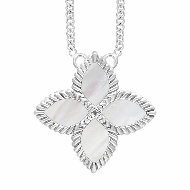 18ct White Gold White Mother of Pearl Eden Large Marquise Flower Necklace