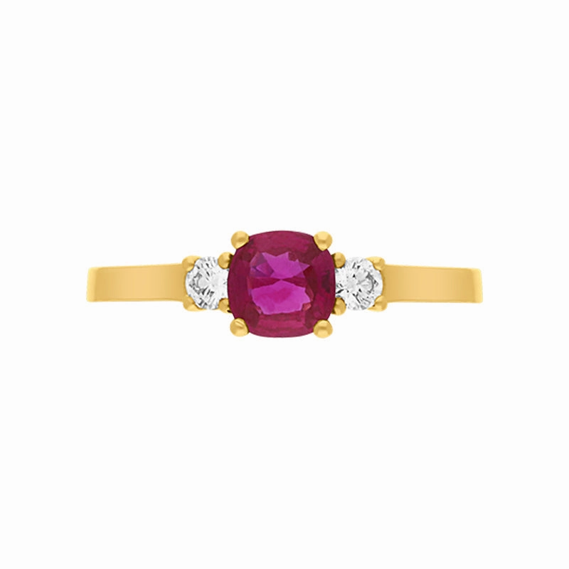 18ct Yellow Gold Ruby Diamond Three Stone Cushion Ring