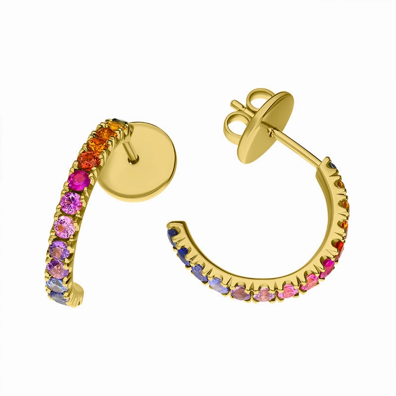18ct Yellow Gold Sapphire Multicolour Rainbow Hoop Earrings
