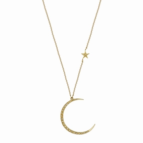 18K Gold Crescent Moon & Star Pendant with Diamonds
