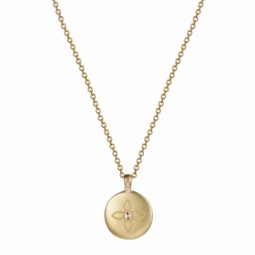 18K Gold Engraved Lotus Pendant with Diamond