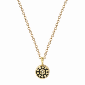18K Gold Tiny Ebony Flower Disc with Diamonds Pendant