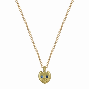 18K Gold Tiny Kitten Pendant with Sapphire Eyes