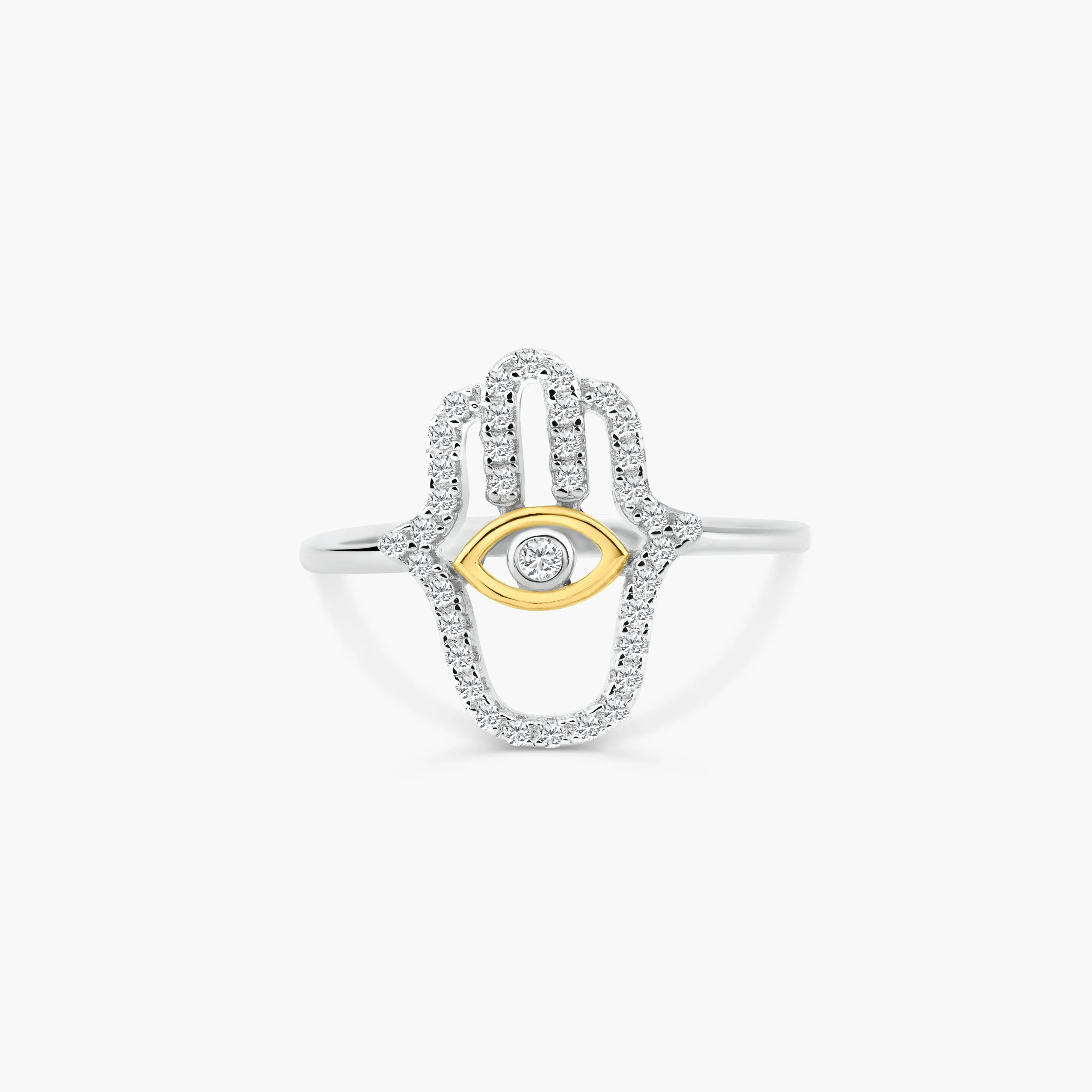 925 Sterling Silver 2 Toned Plated Hamsa Hand Clear CZ Ring - BGR01359