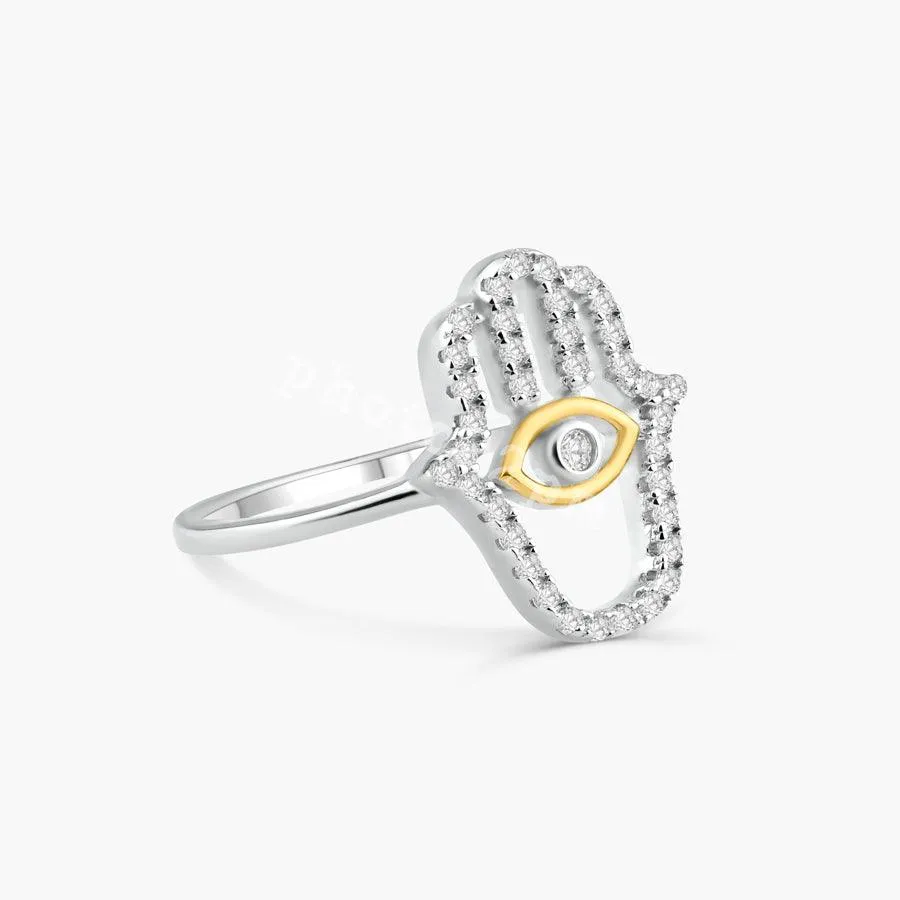 925 Sterling Silver 2 Toned Plated Hamsa Hand Clear CZ Ring - BGR01359