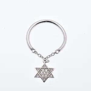 925 Sterling Silver Nickel Free Rhodium Plated Half Ring Chain Dangling Star of David Clear CZ Ring - STR01013