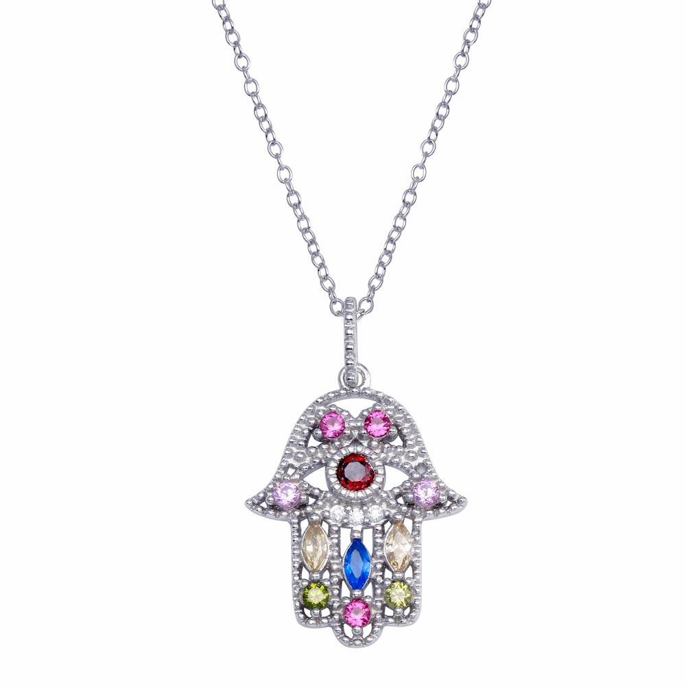925 Sterling Silver Silver CZ Multi Color Hamsa - BGP01392